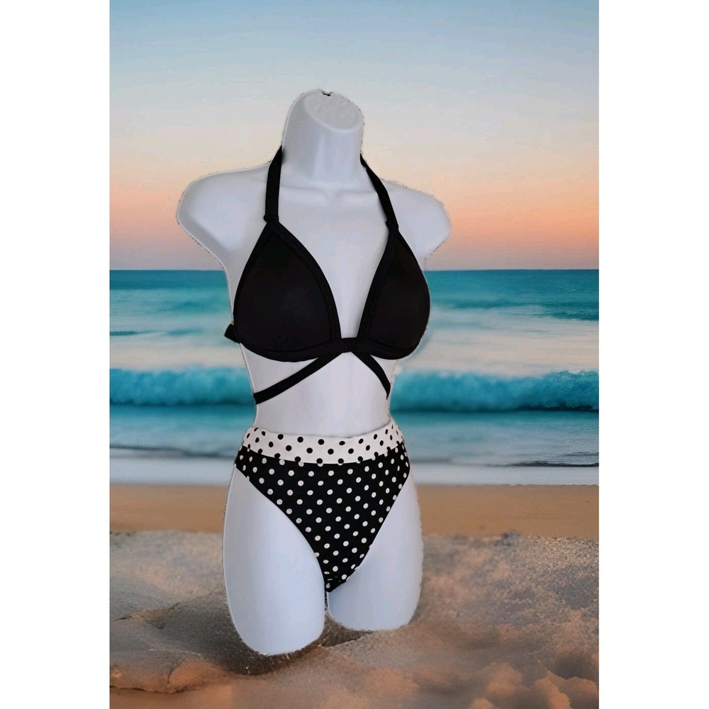 Victoria Secret 2-pc Bikini Set Top L Bottom M Black Polka Dots w/Mesh Shorts